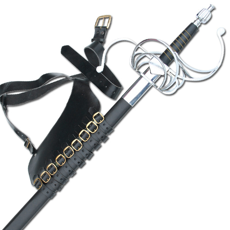 Rigid Nature Hand Crafted Right-Handed Leather Adjustable Rapier Sword Frog Belt w/ Steel Buckle Fastenings – Black