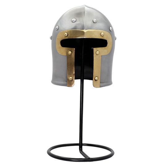 Warrior’s Narration Miniature 20G Steel Barbuta Barbute Helm Helmet Display Piece w/ Iron Stand & Brass Reinforcement Piece