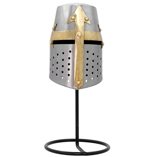 Distant Ambitions Miniature 20G Steel Templar Crusader Great Helm Helmet Replica w/ Brass Accents & Iron Stand Included