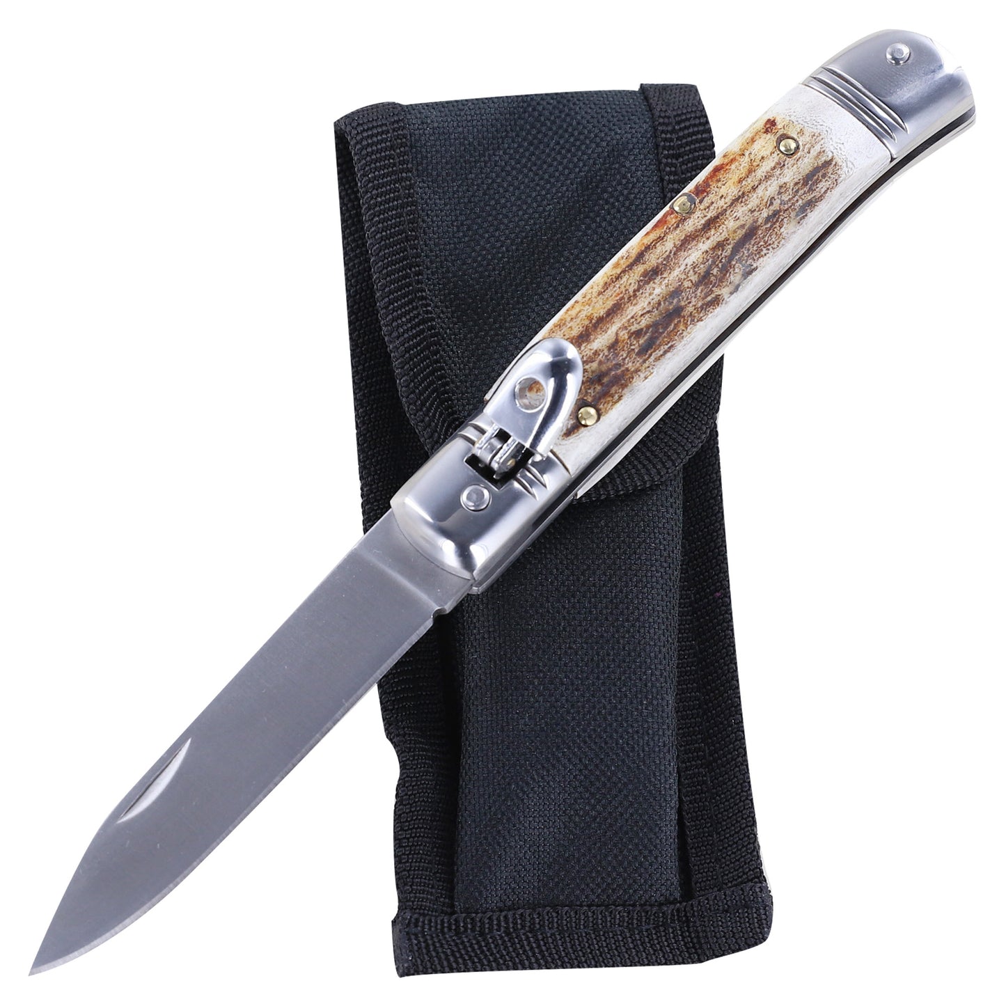 Ringing Forest Lever Lock Automatic Switchblade Knife with Real Stag Antler Handle