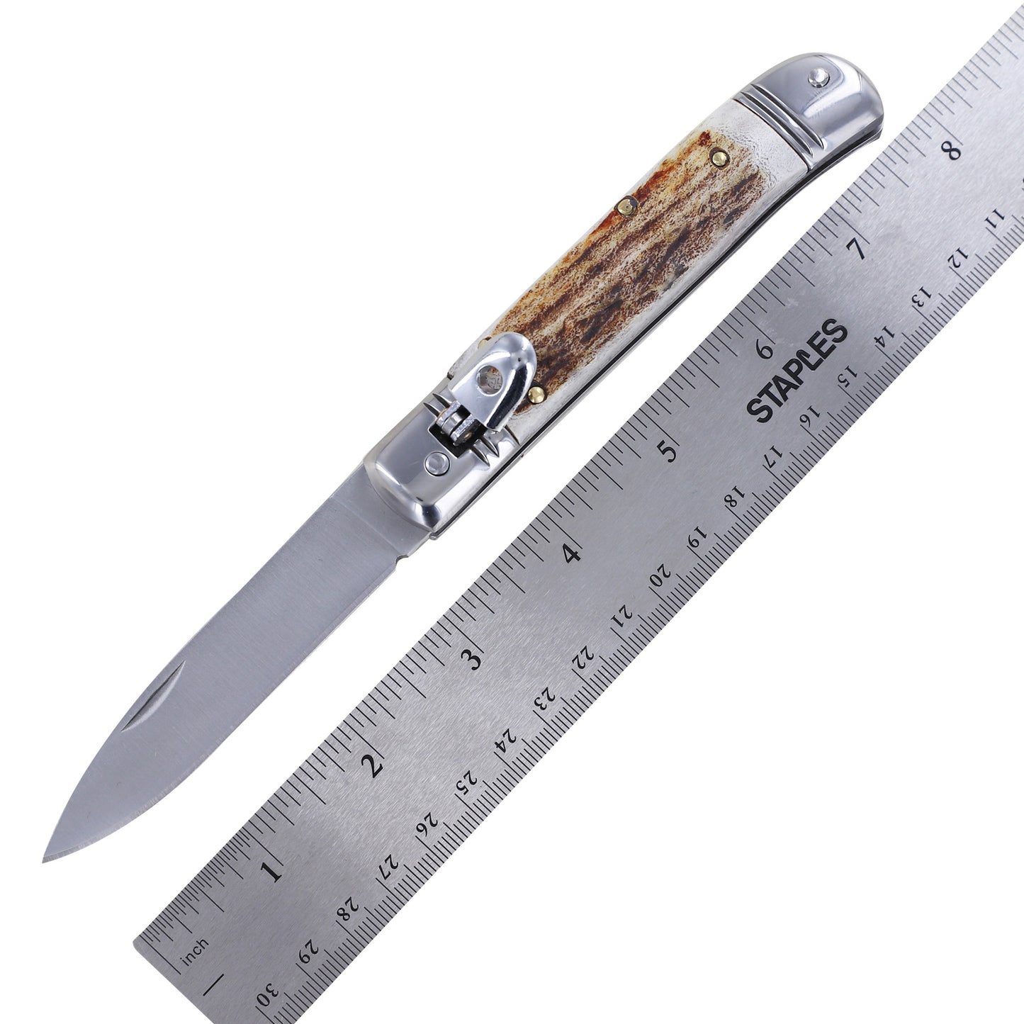 Ringing Forest Lever Lock Automatic Switchblade Knife with Real Stag Antler Handle