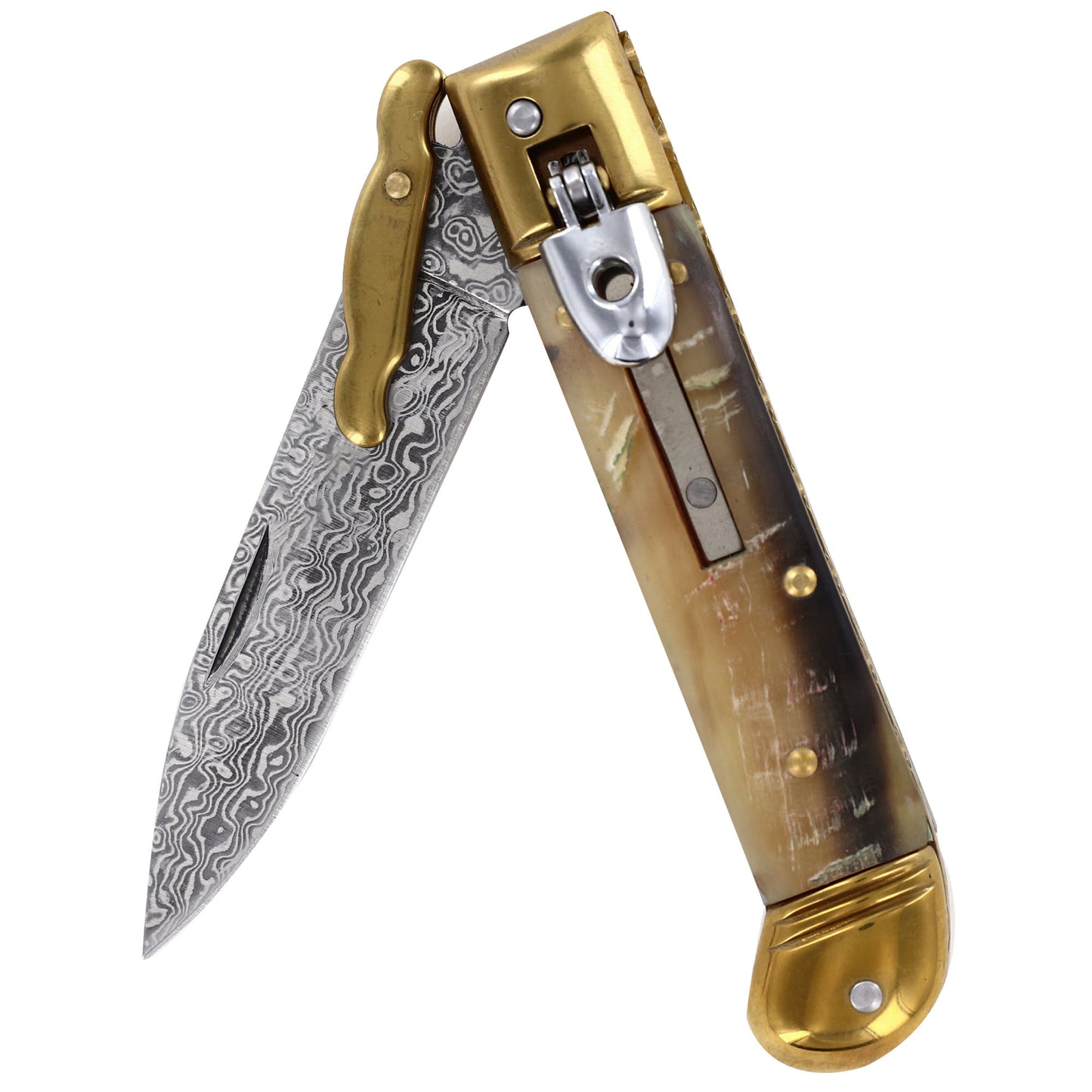 Organic Steel Automatic Lever Lock Stiletto Knives Choice of 7 Horn and Pearl Grips Damascus/ Stainless Steel Blades