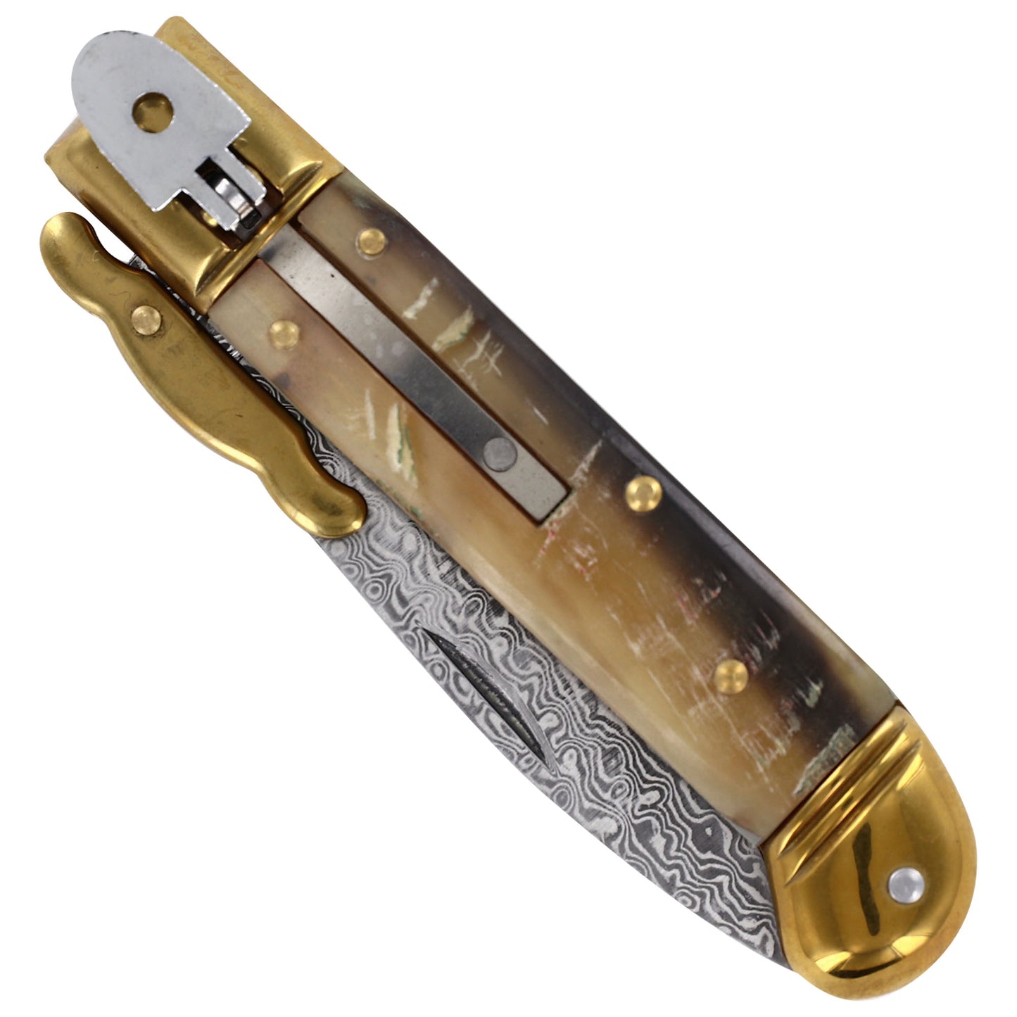 Organic Steel Automatic Lever Lock Stiletto Knives Choice of 7 Horn and Pearl Grips Damascus/ Stainless Steel Blades