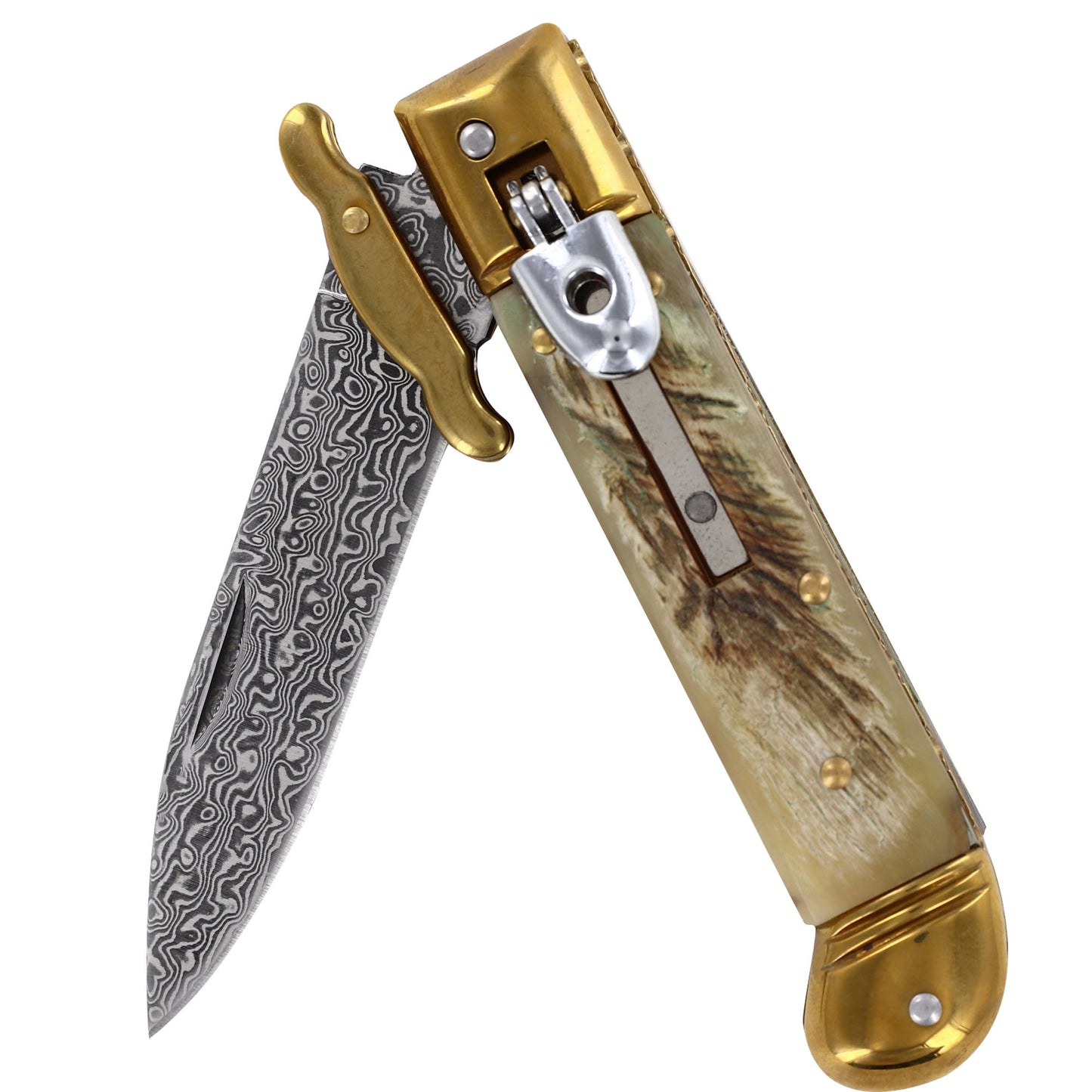 Organic Steel Automatic Lever Lock Stiletto Knives Choice of 7 Horn and Pearl Grips Damascus/ Stainless Steel Blades