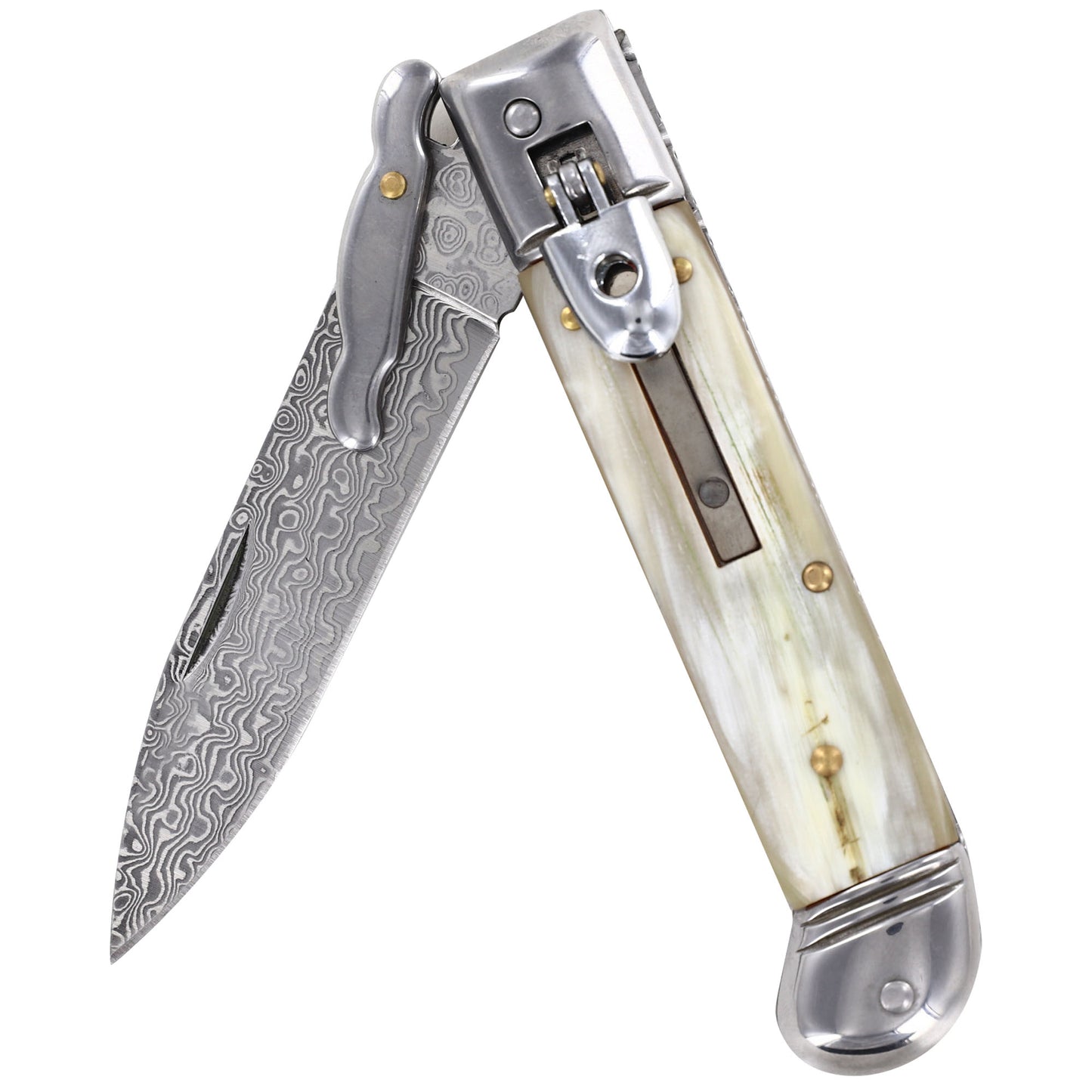 Organic Steel Automatic Lever Lock Stiletto Knives Choice of 7 Horn and Pearl Grips Damascus/ Stainless Steel Blades