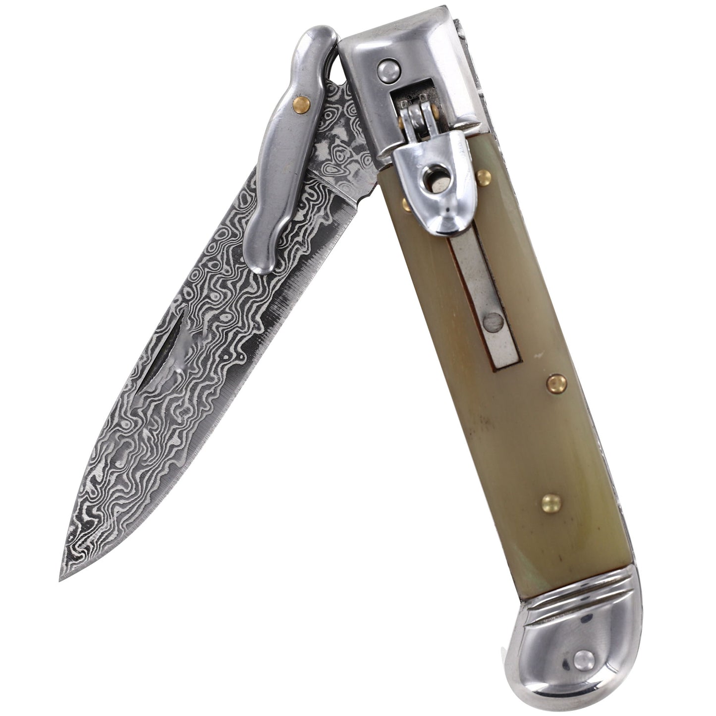 Organic Steel Automatic Lever Lock Stiletto Knives Choice of 7 Horn and Pearl Grips Damascus/ Stainless Steel Blades