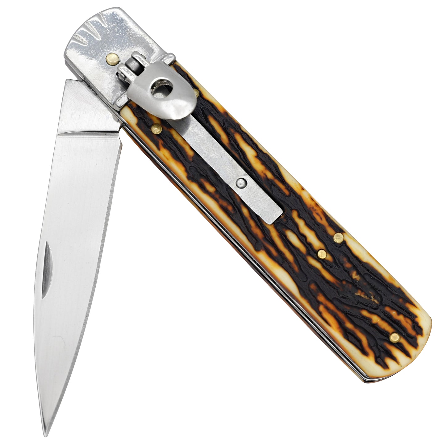 Saber Tooth Stainless Steel Automatic Lever Lock Knife | Faux Stag ABS Handle