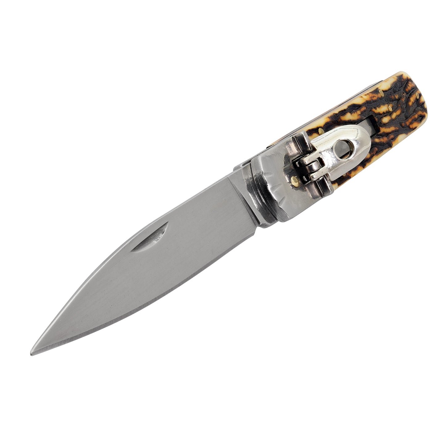 Saber Tooth Stainless Steel Automatic Lever Lock Knife | Faux Stag ABS Handle