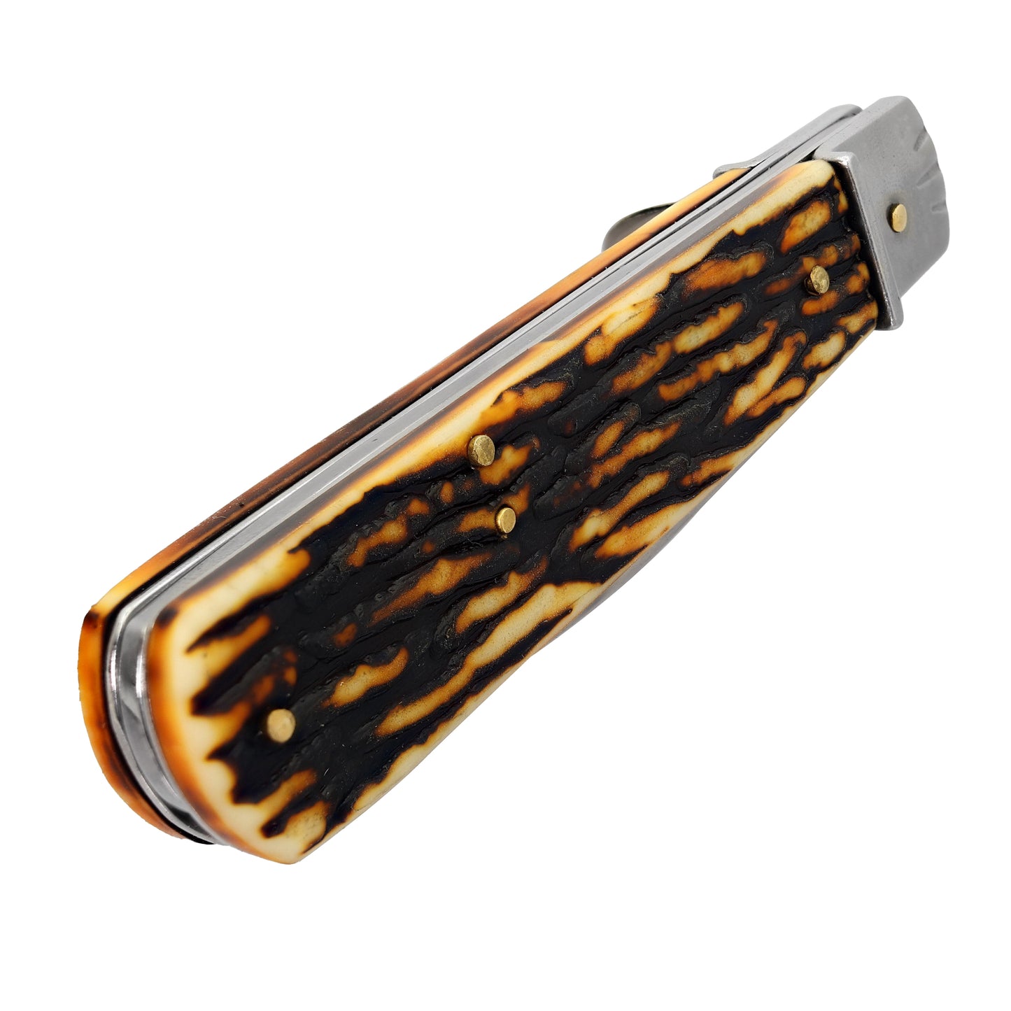 Saber Tooth Stainless Steel Automatic Lever Lock Knife | Faux Stag ABS Handle