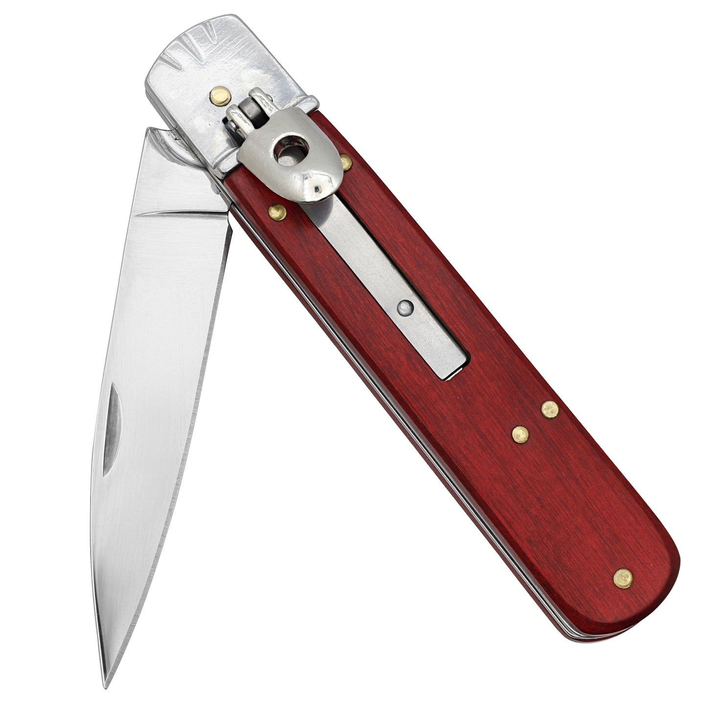 Last Kiss Automatic Stainless Steel Lever Lock Switchblade Knife | Red Wood Handle