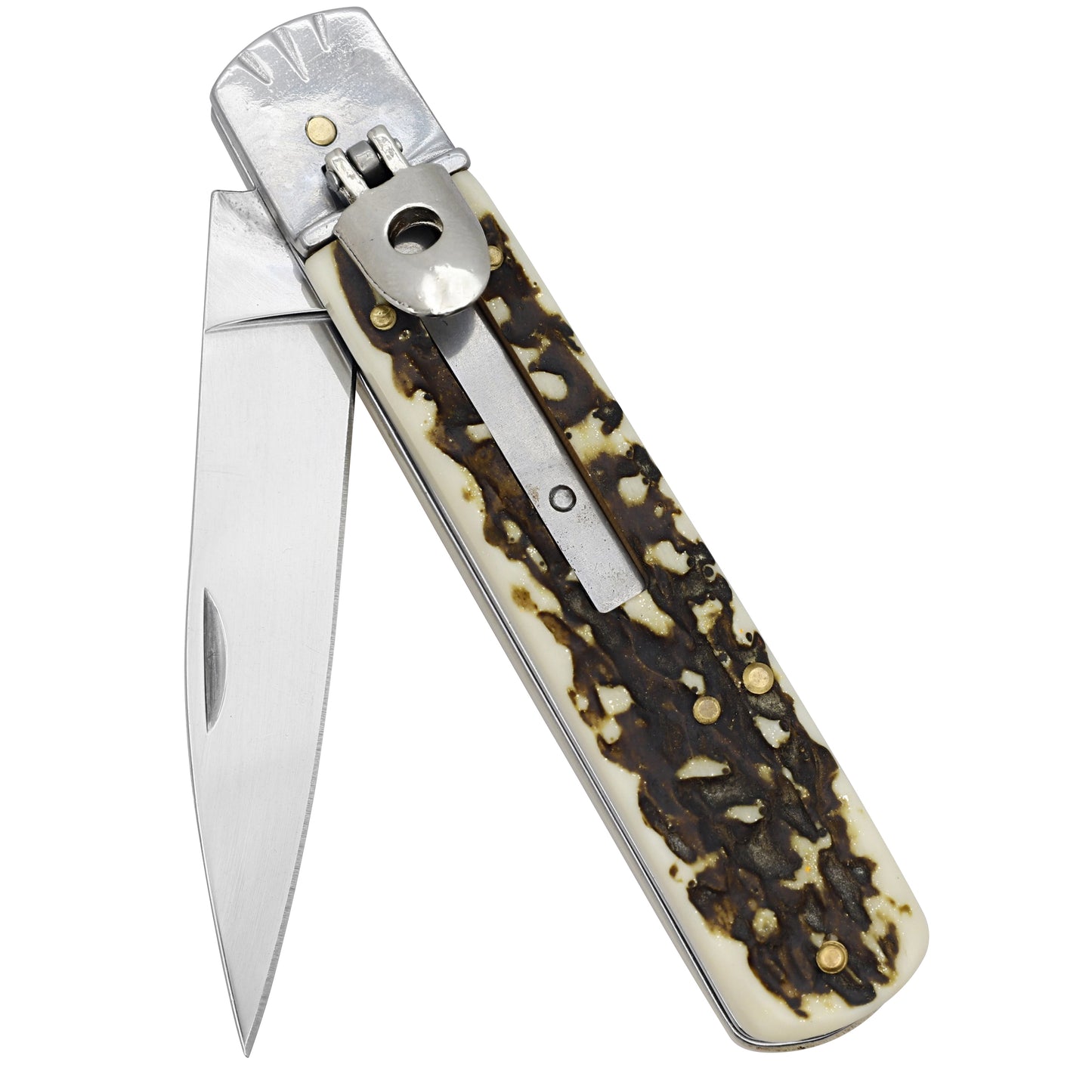 Jane Doe Automatic Stainless Steel Lever Lock Switchblade Knife | Simulated Stag Horn Handle