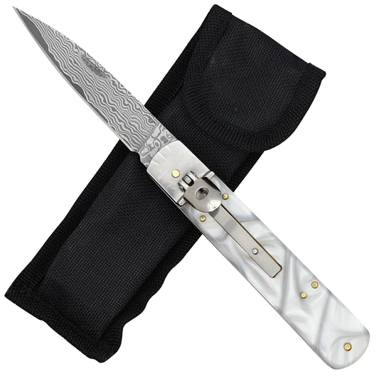 Killing Moon Automatic Damascus Steel Lever Lock Switchblade Knife | White Pearl ABS Handle