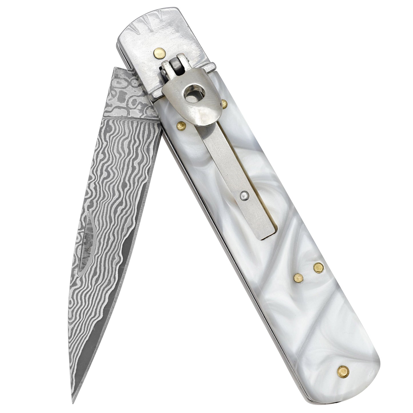 Killing Moon Automatic Damascus Steel Lever Lock Switchblade Knife | White Pearl ABS Handle