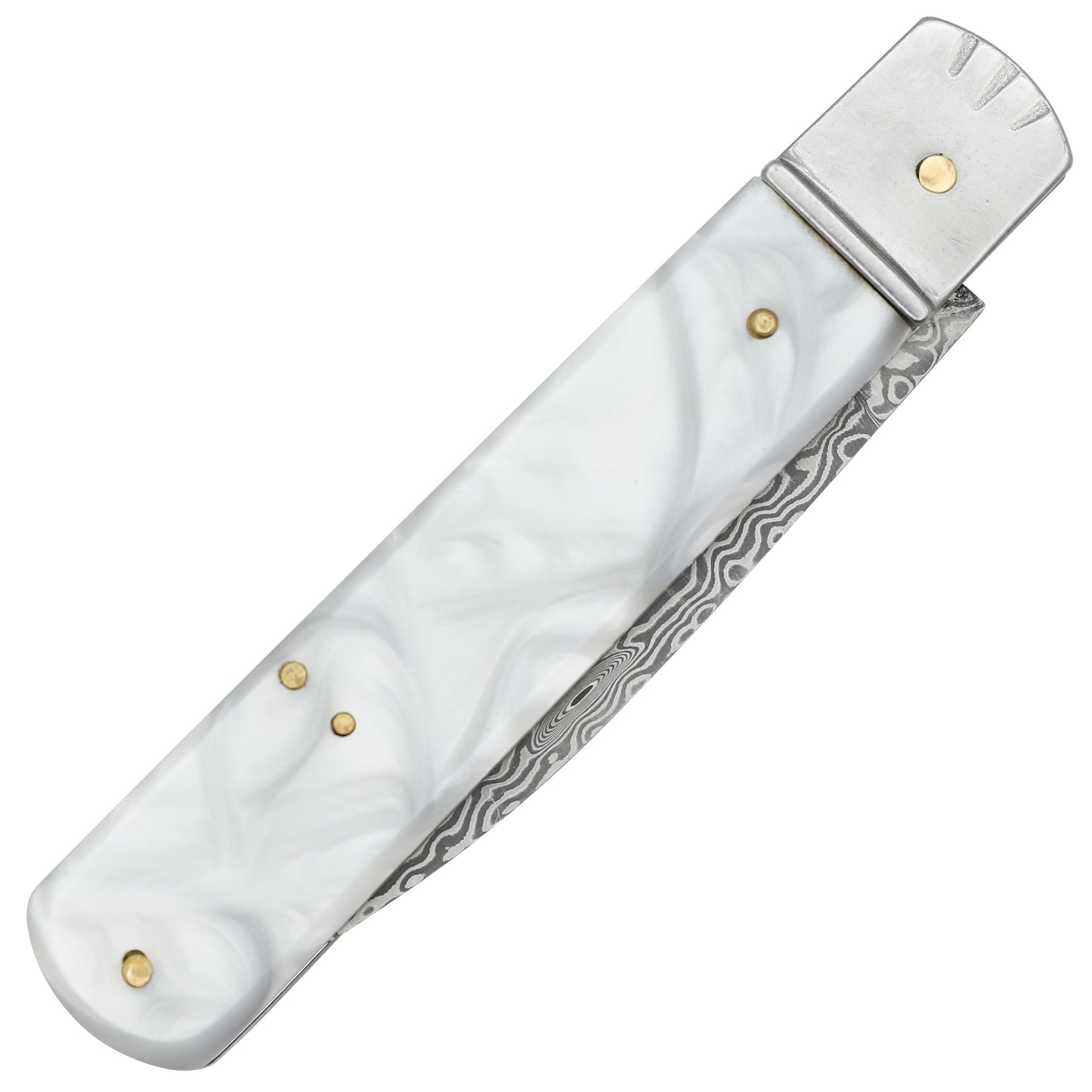 Killing Moon Automatic Damascus Steel Lever Lock Switchblade Knife | White Pearl ABS Handle