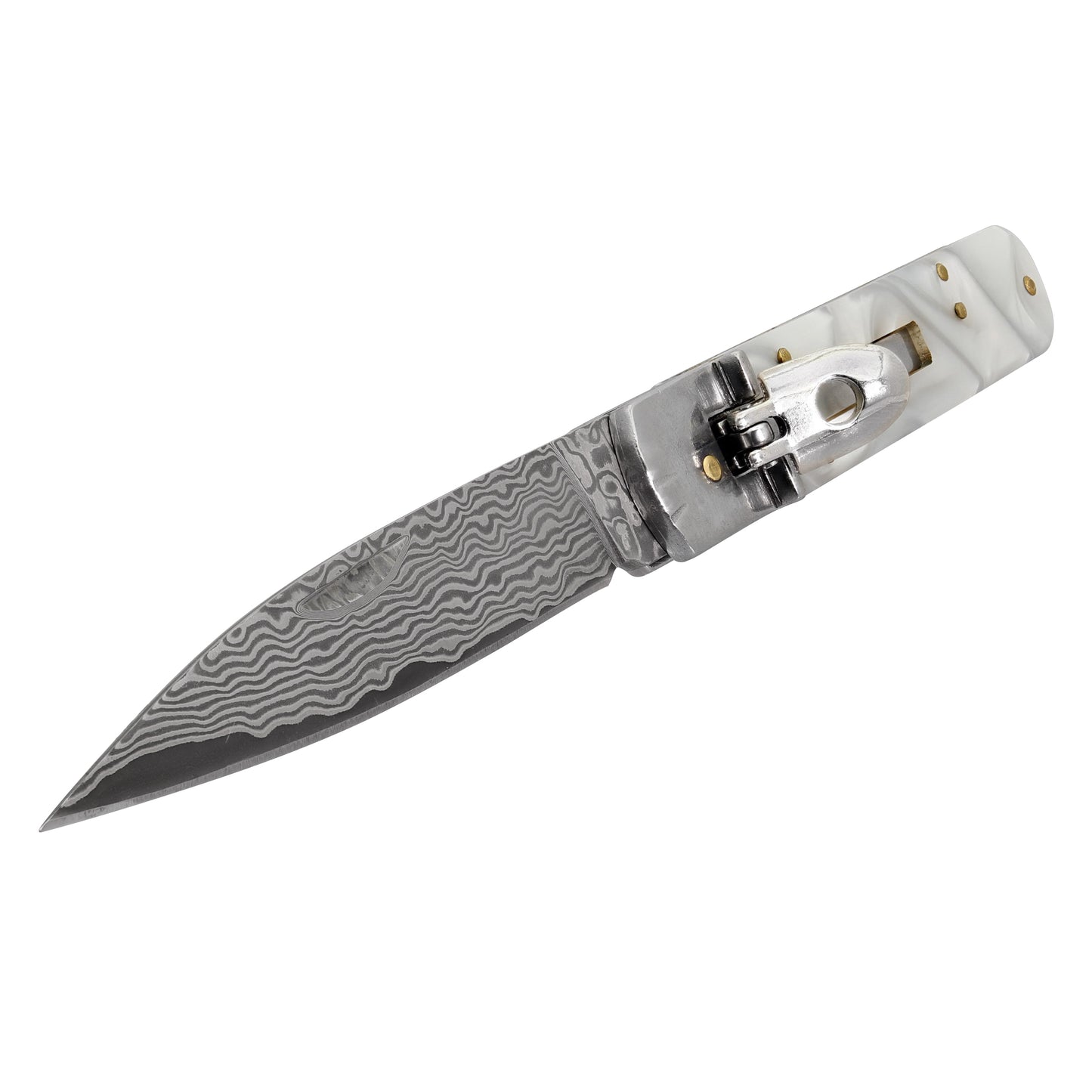 Killing Moon Automatic Damascus Steel Lever Lock Switchblade Knife | White Pearl ABS Handle