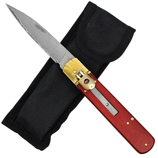 Soul Stealer Automatic Damascus Steel Lever Lock Switchblade Knife | Red Pakkawood Handle