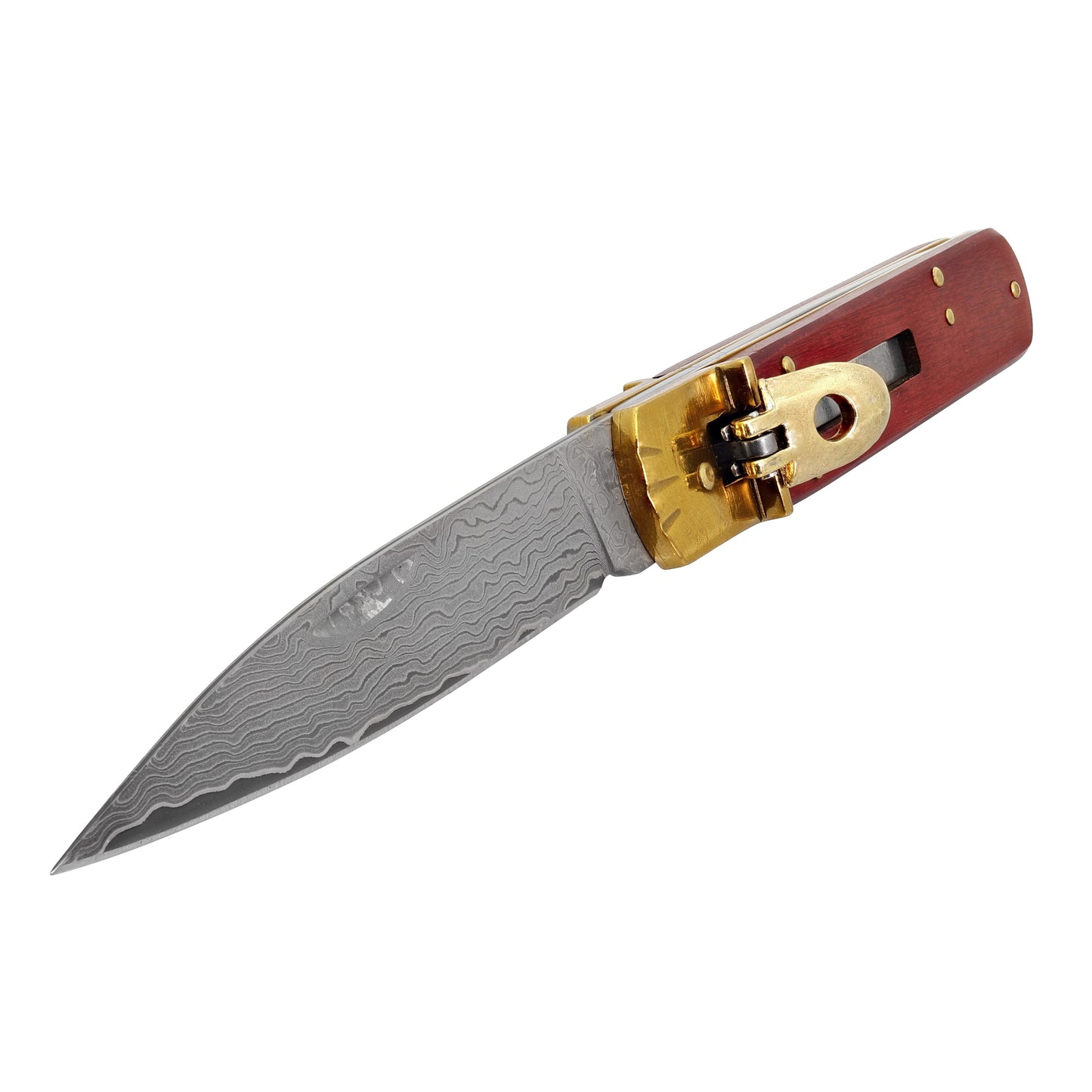 Soul Stealer Automatic Damascus Steel Lever Lock Switchblade Knife | Red Pakkawood Handle