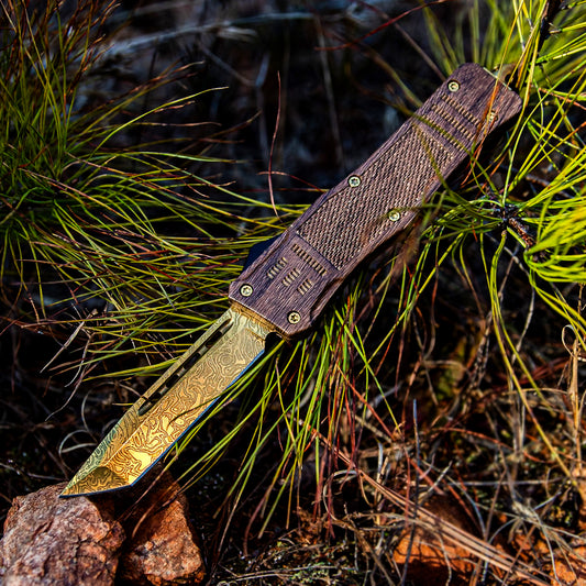 Autumn Maple Damascus Textured Gold Tanto Blade Non-Slip Wood Design Handle OTF Knife w/ Nylon Sheath, Belt Clip, & Glass Breaker