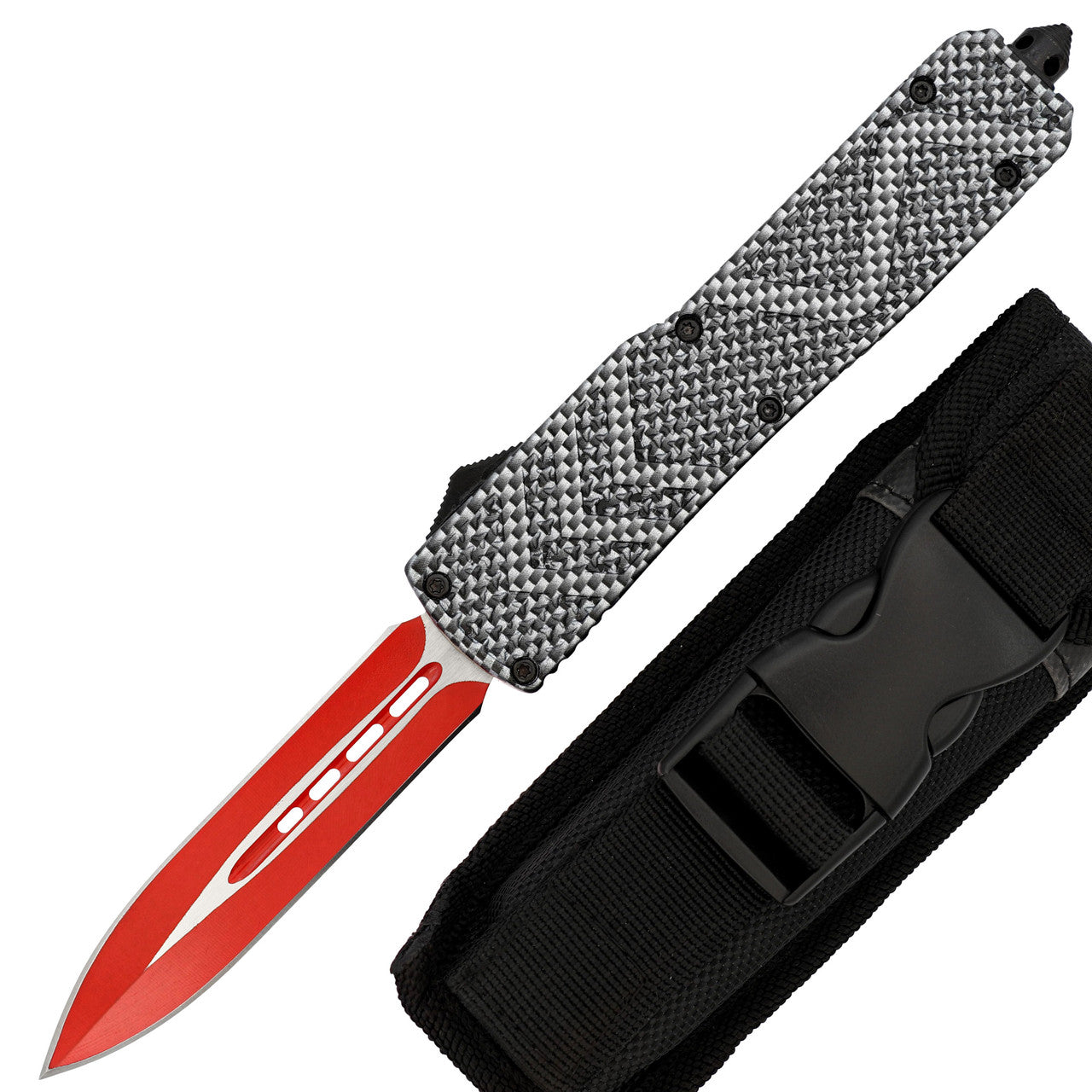 Red on Steel Automatic OTF Out the Front Knife w/ Textured Anti-Slip Handle, Belt Clip, & Glass Breaker