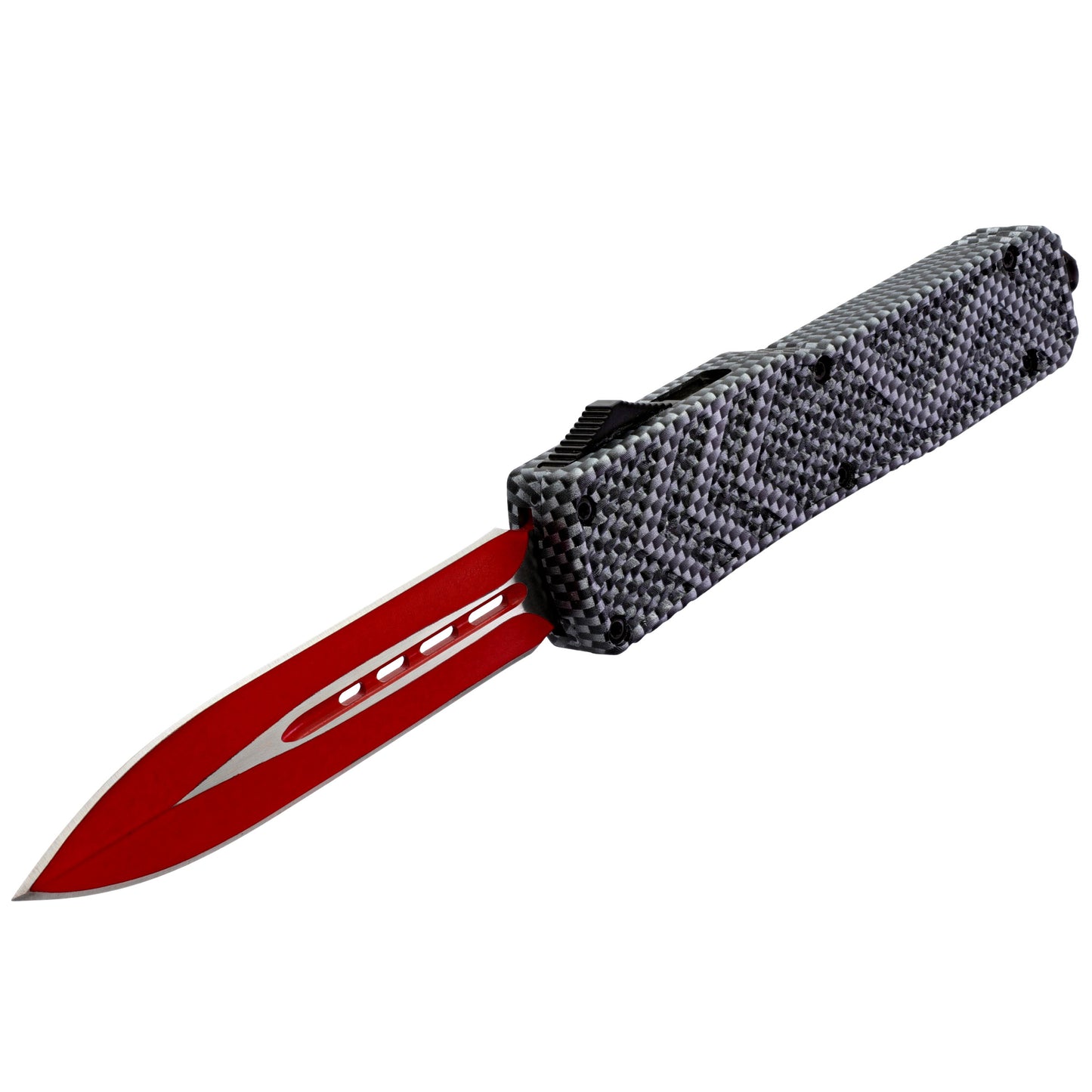 Red on Steel Automatic OTF Out the Front Knife w/ Textured Anti-Slip Handle, Belt Clip, & Glass Breaker