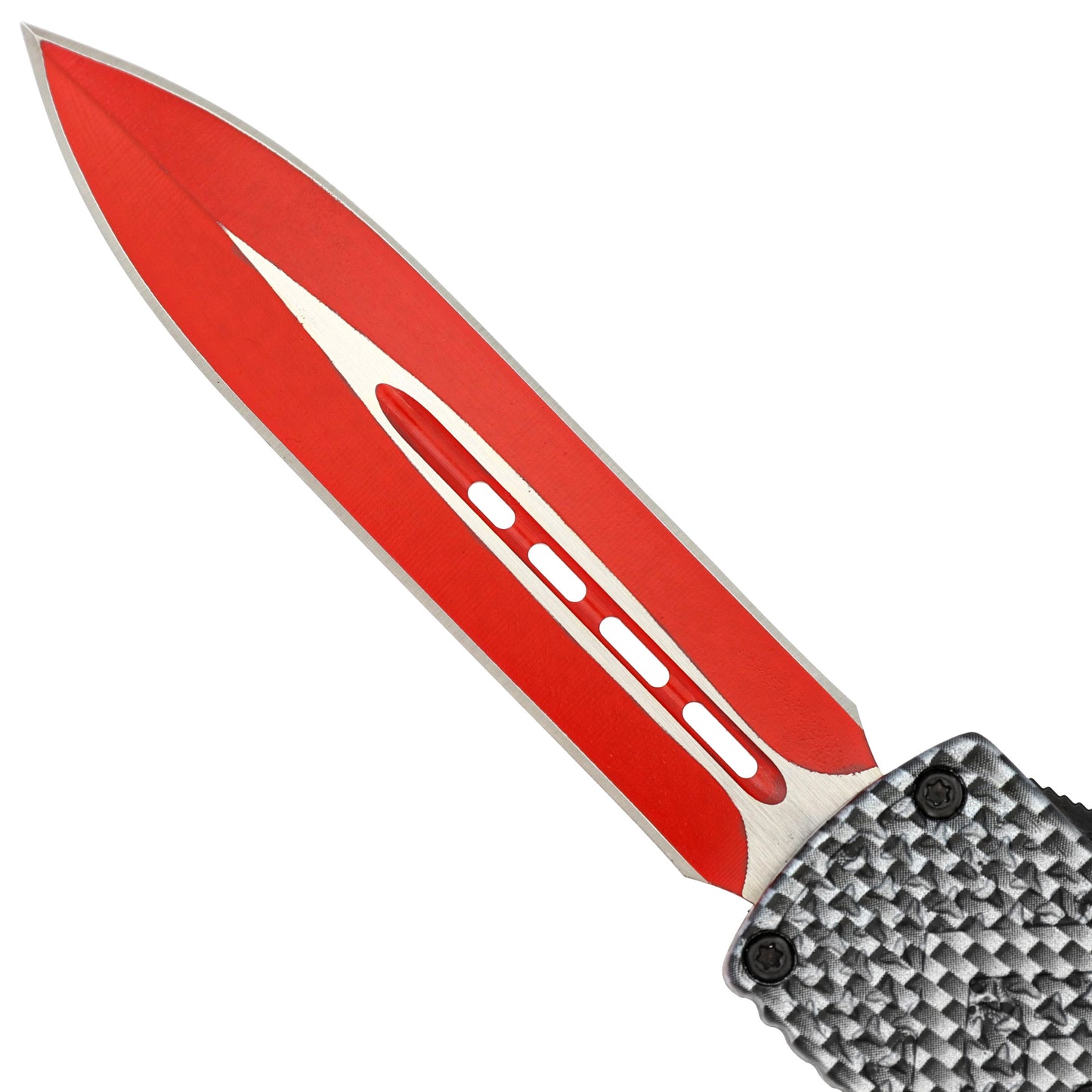 Red on Steel Automatic OTF Out the Front Knife w/ Textured Anti-Slip Handle, Belt Clip, & Glass Breaker