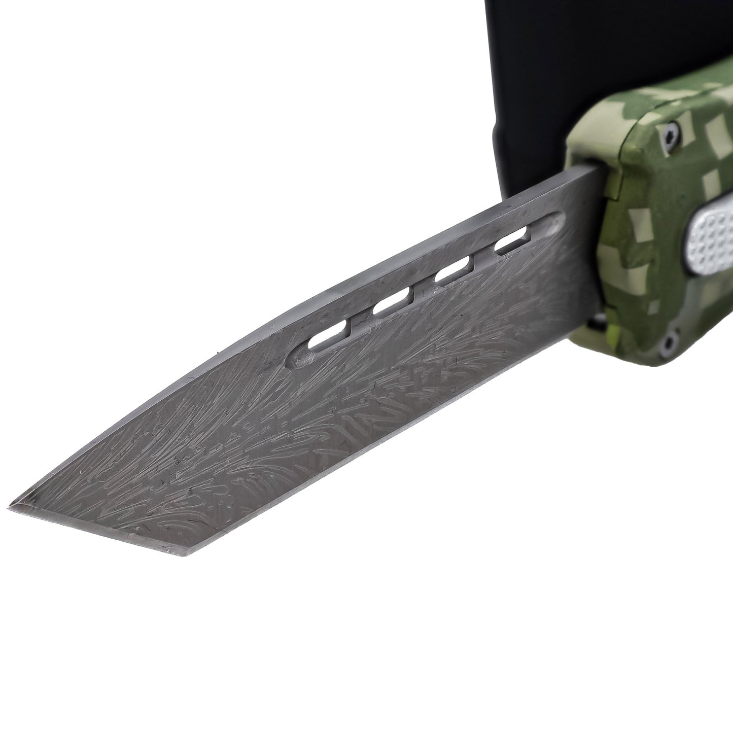 Tactical Silhouette Automatic Damascus Tanto OTF Block Camo Handle Knife w/ Textured Center Switch