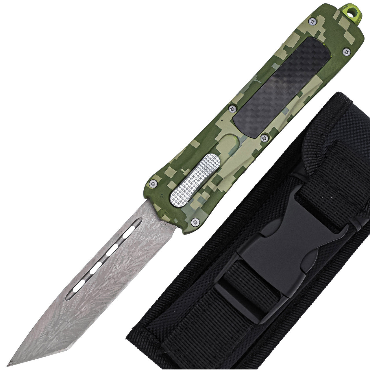 Tactical Silhouette Automatic Damascus Tanto OTF Block Camo Handle Knife w/ Textured Center Switch