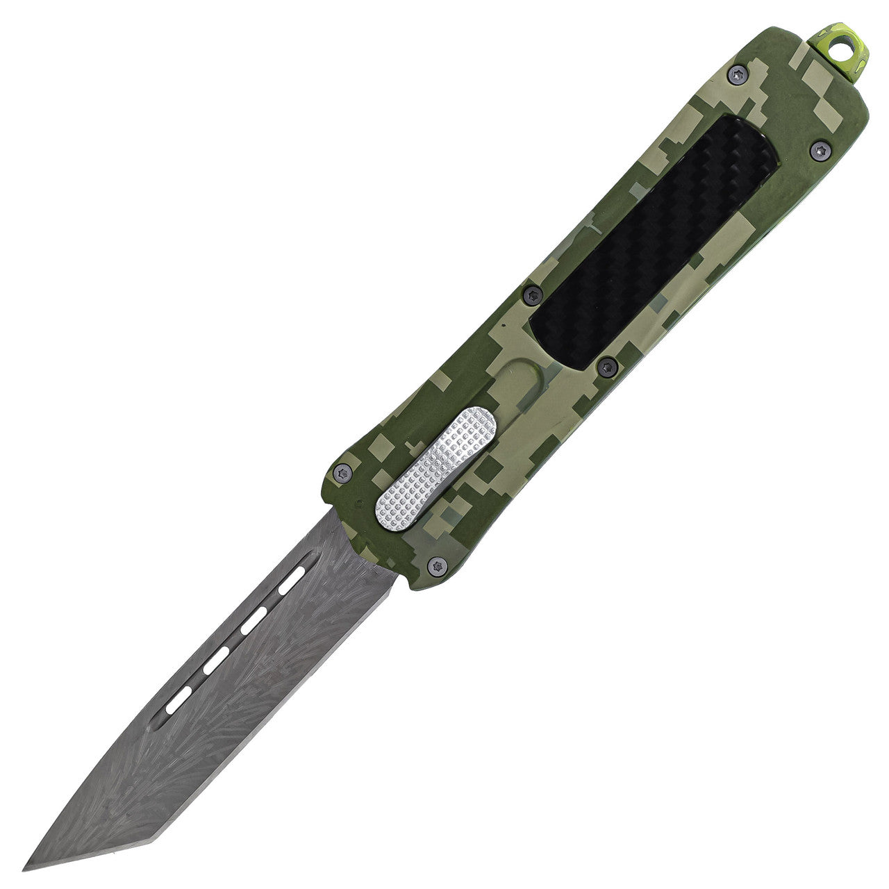 Tactical Silhouette Automatic Damascus Tanto OTF Block Camo Handle Knife w/ Textured Center Switch