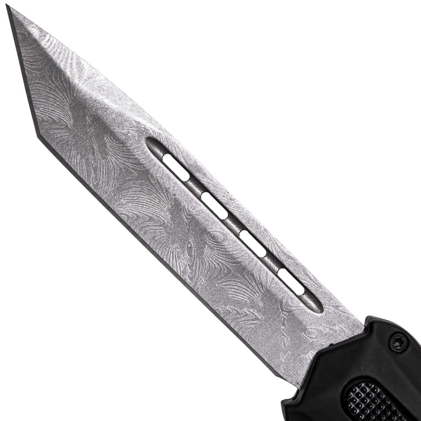 Foreboding Contour Damascus Texture Tanto Automatic OTF Black Handle Knife w/ Textured Center Switch