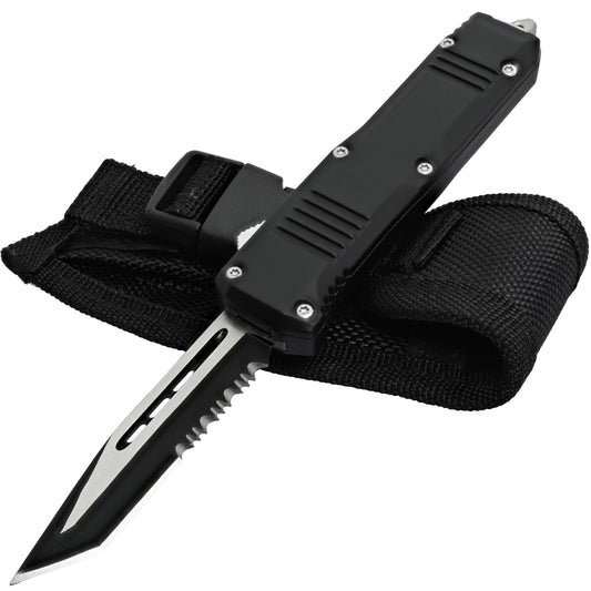 Automatic Blackout OTF Out the Front Knife w/ Textured Handle & Half Serrated Tanto Black Anodized Blade