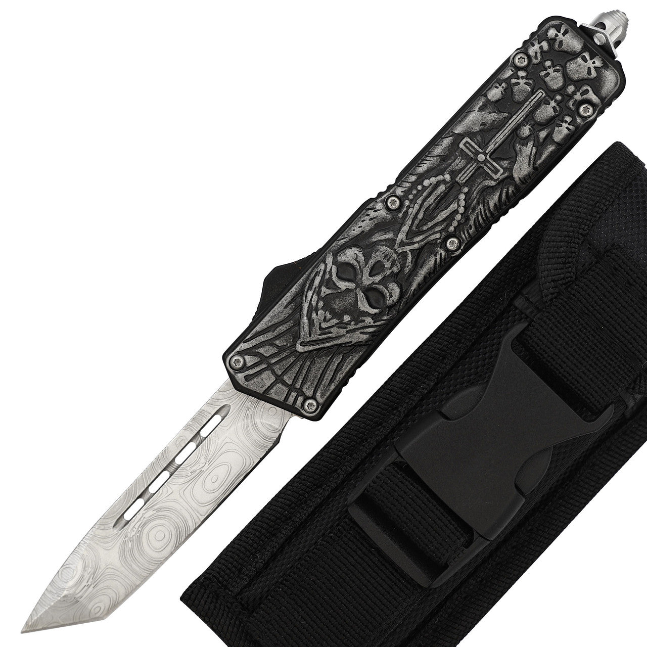 Ritual Sacrifice Automatic Tanto Textured Blade Anti-Slip Skeleton Cross Handle OTF Out the Front Knife w/ Nylon Sheath