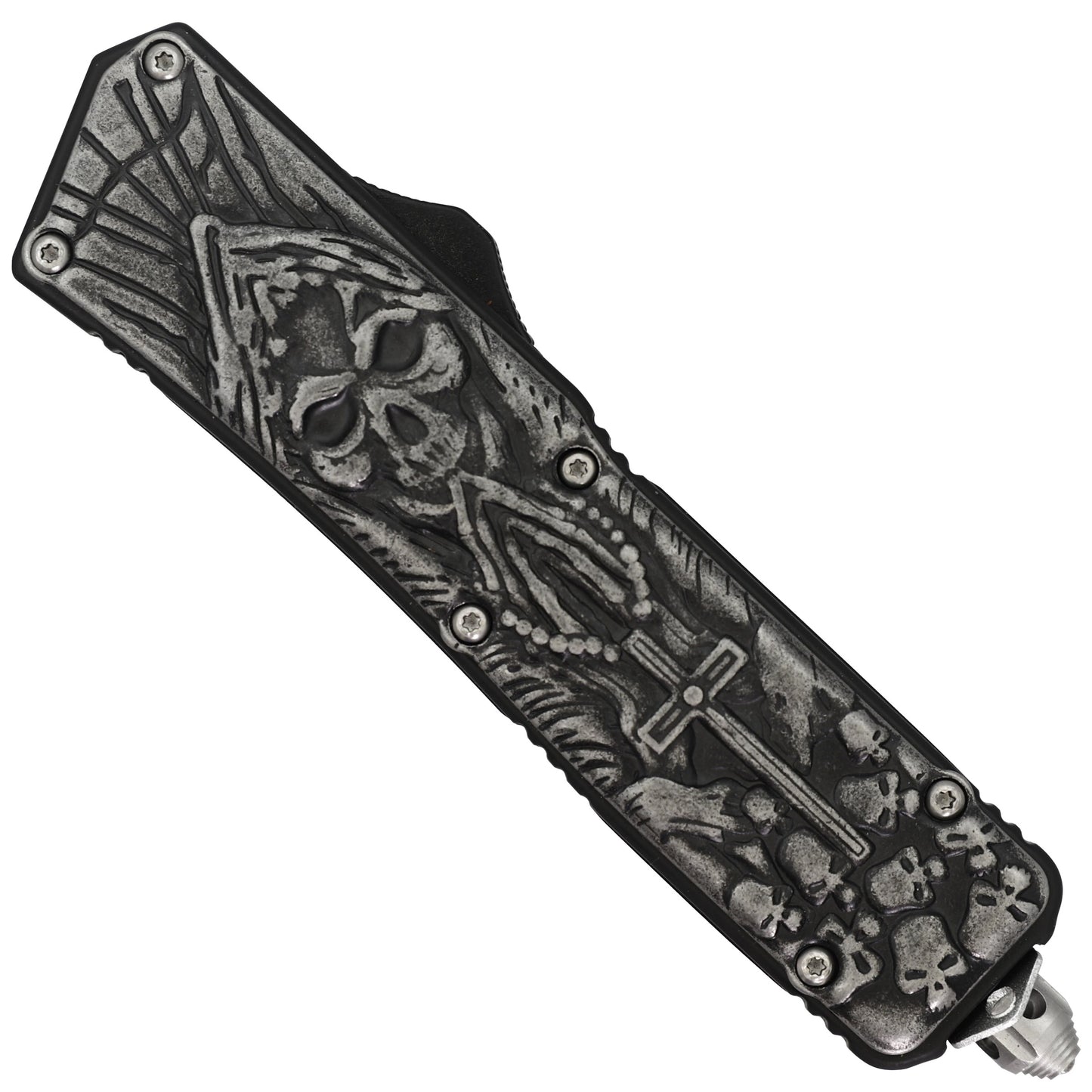 Ritual Sacrifice Automatic Tanto Textured Blade Anti-Slip Skeleton Cross Handle OTF Out the Front Knife w/ Nylon Sheath