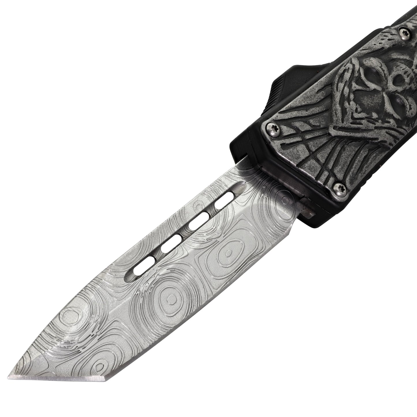 Ritual Sacrifice Automatic Tanto Textured Blade Anti-Slip Skeleton Cross Handle OTF Out the Front Knife w/ Nylon Sheath