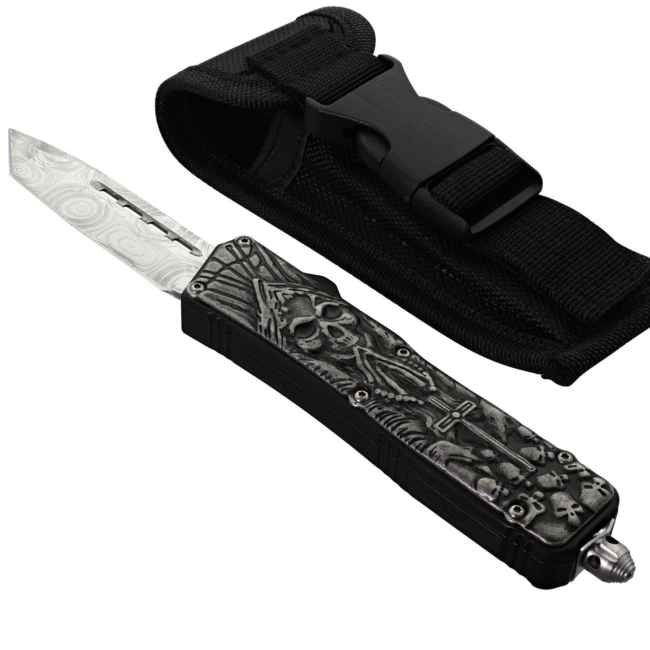 Ritual Sacrifice Automatic Tanto Textured Blade Anti-Slip Skeleton Cross Handle OTF Out the Front Knife w/ Nylon Sheath