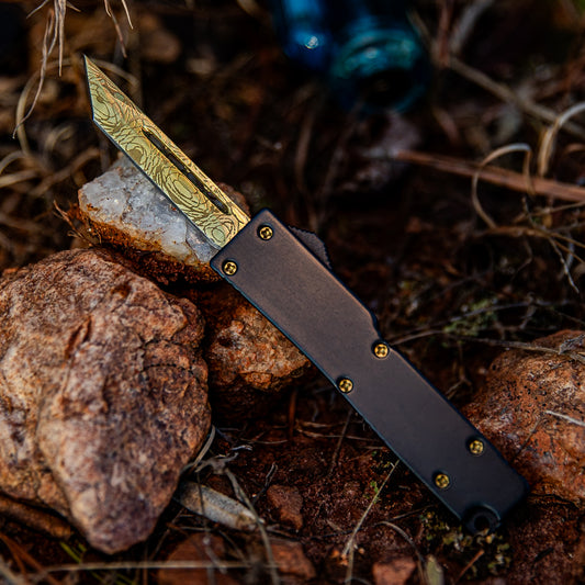 Refined Advantage California Legal Damascus Textured Gold Tanto Blade Automatic Dual Action OTF Knife w/ Belt Clip & Lanyard Hole