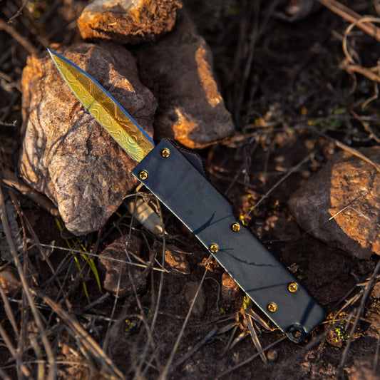 Golden Drift California Legal Damascus Textured Double Edge Gold Blade OTF Out the Front Knife w/ Belt Clip & Lanyard Hole