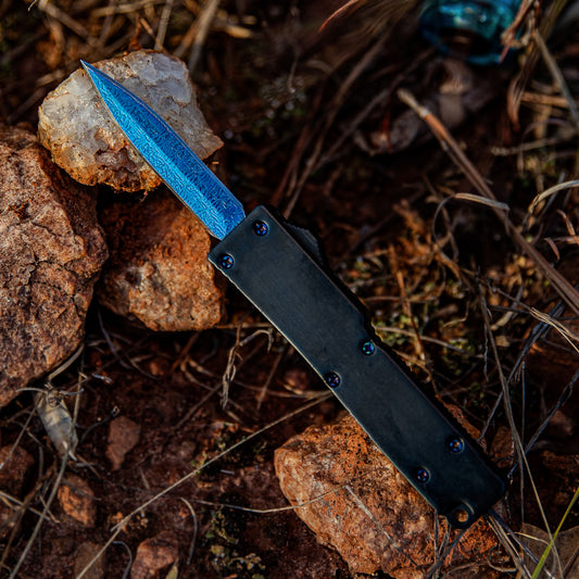 Neon Gridlock California Legal Damascus Textured Blue Double Edge Blade Dual Action OTF Out the Front Knife w/ Belt Clip & Lanyard Hole