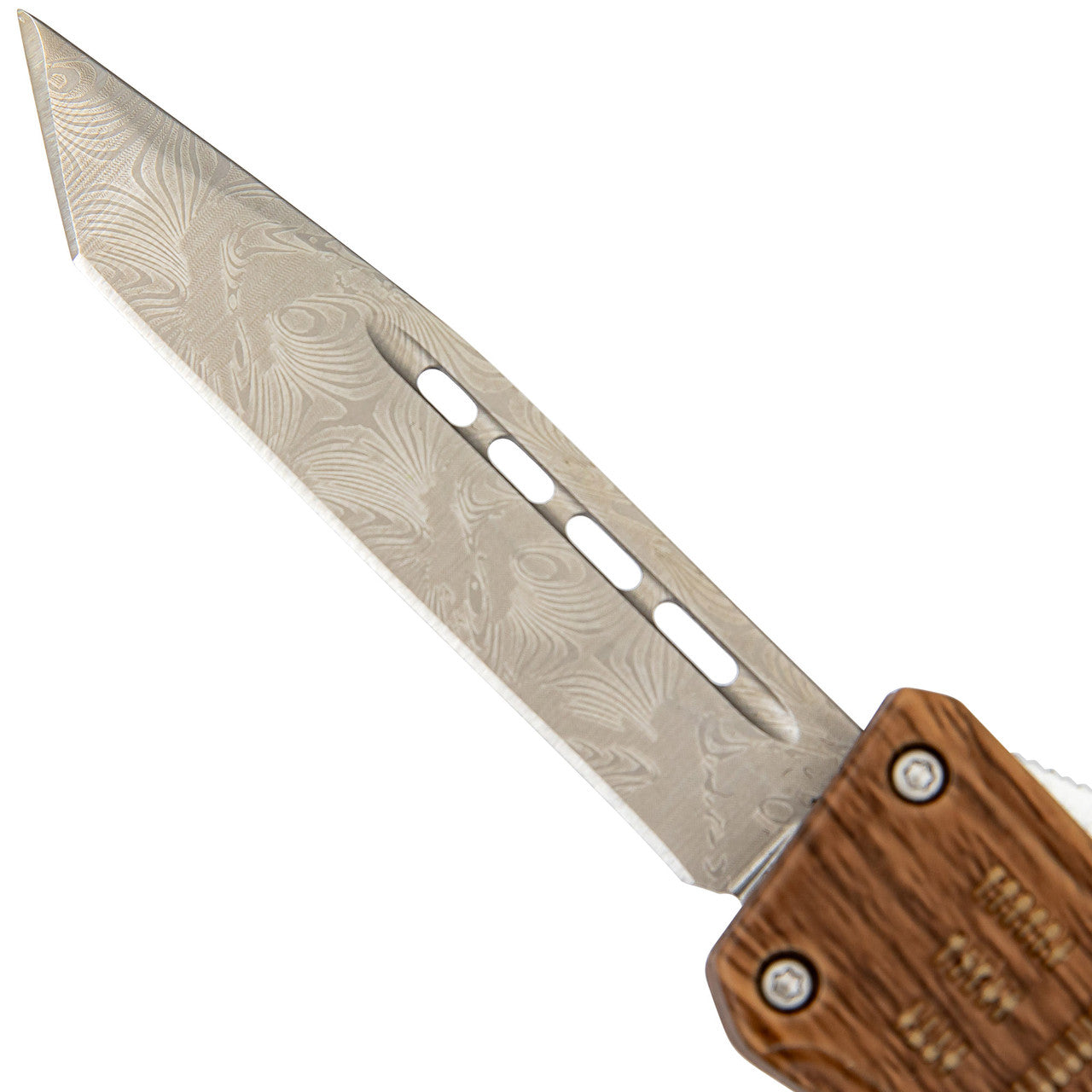 Gleaming Woodland Damascus Tanto Automatic OTF Knife w/ Wood Design Handle