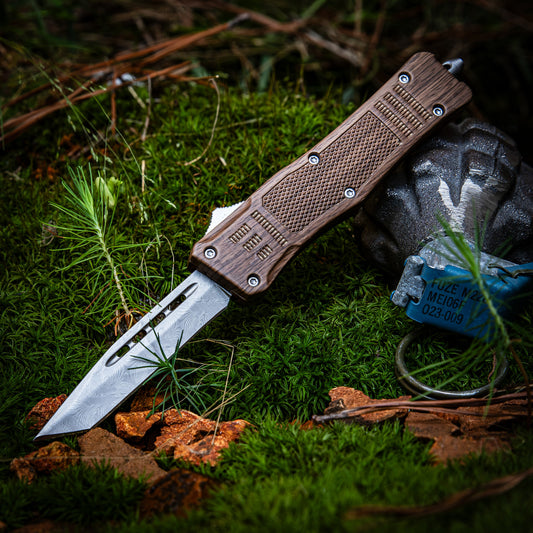 Gleaming Woodland Damascus Tanto Automatic OTF Knife w/ Wood Design Handle