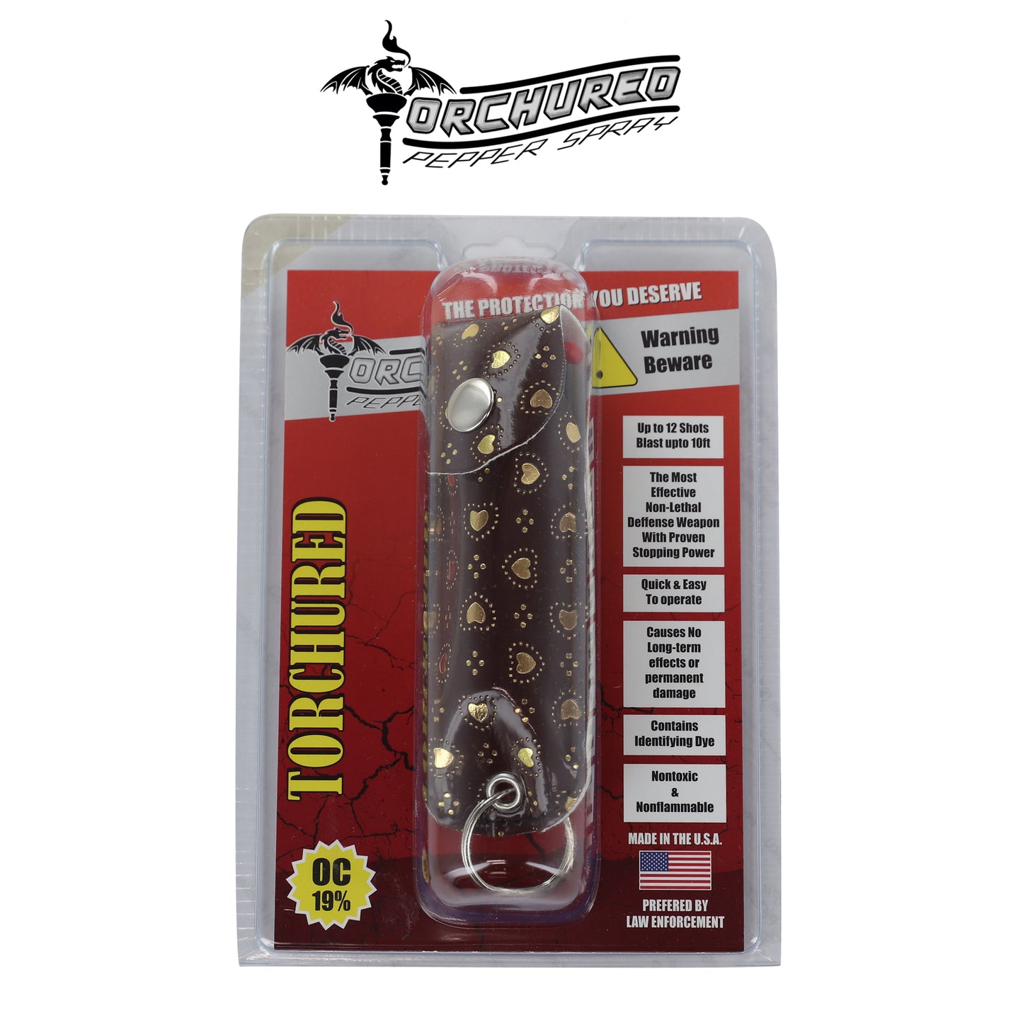 TORCHURED™ Police Grade Maximum Strength Pepper Spray Keychain | Brown w/ Gold Hearts|