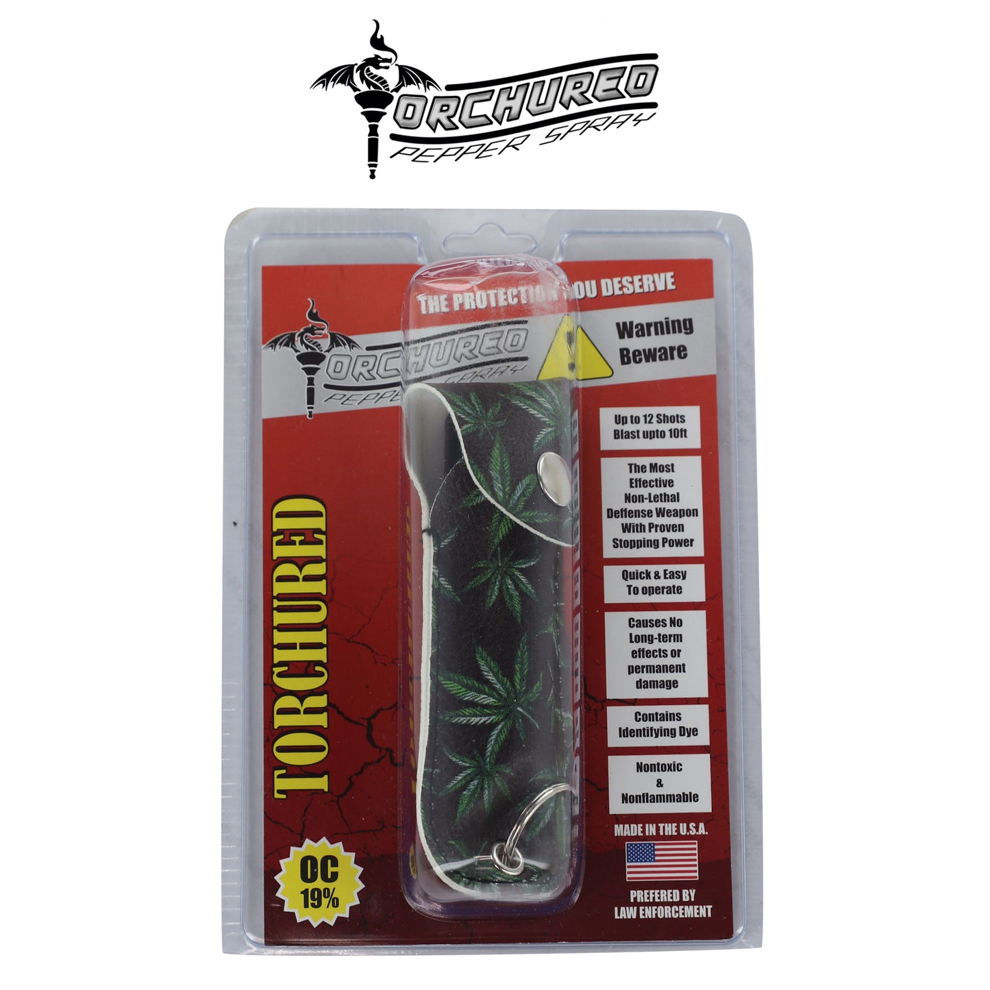 TORCHURED™ Police Grade Maximum Strength Pepper Spray Keychain | Black W/ Green Leaf Pattern |