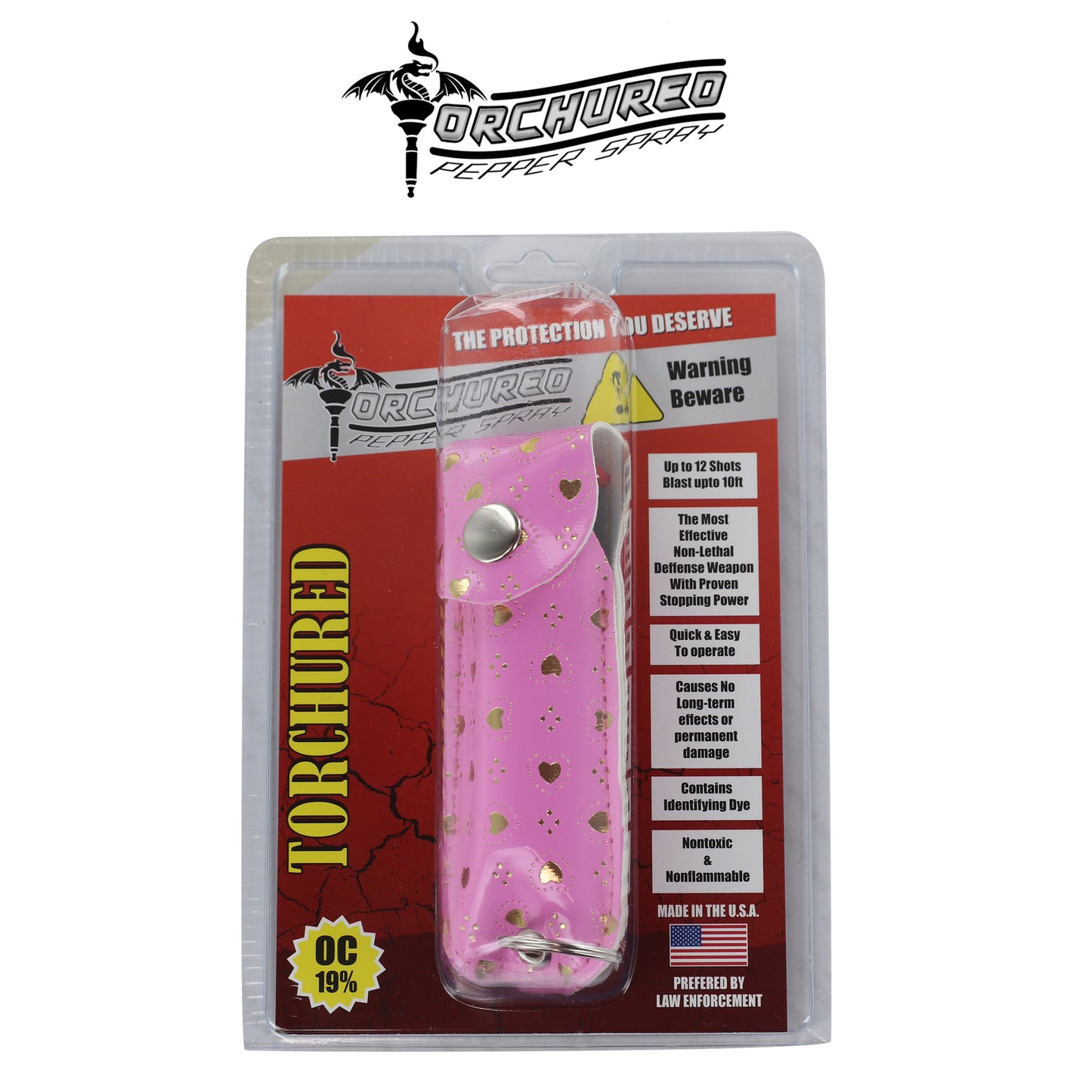 TORCHURED™ Police Grade Maximum Strength Pepper Spray Keychain | Pink w/ Gold Hearts |