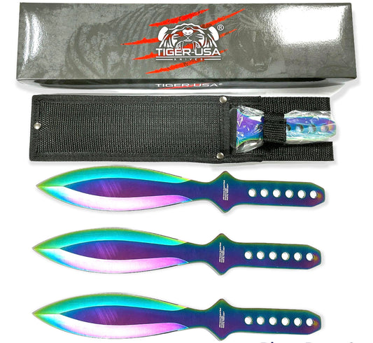 12 Inch RAINBOW Tiger Thrower Throwing Knives (Set of 3)