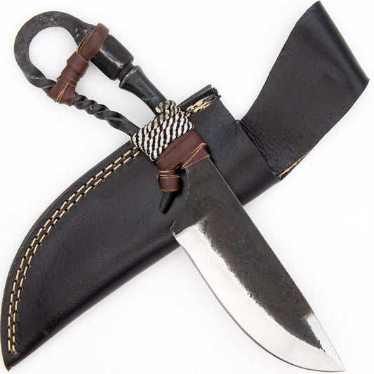 Free Rein High Carbon Steel Medieval Functional Full Tang Drop Point Viking Hunting Knife w/ Leather & Rope Wrapped Handle