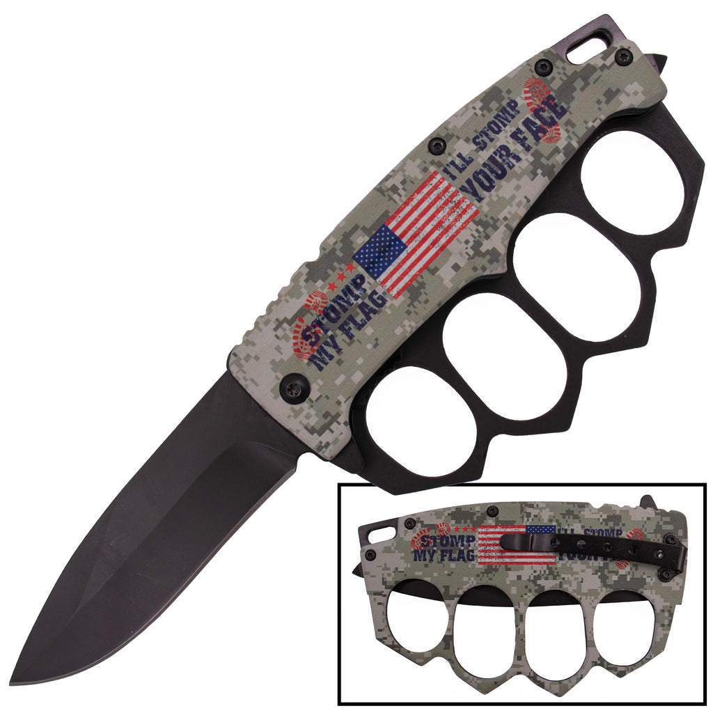 Tiger-USA Spring Assisted Trench Knife - XXL Finger Holes (STOMP MY FLAG DIGI CAMO)