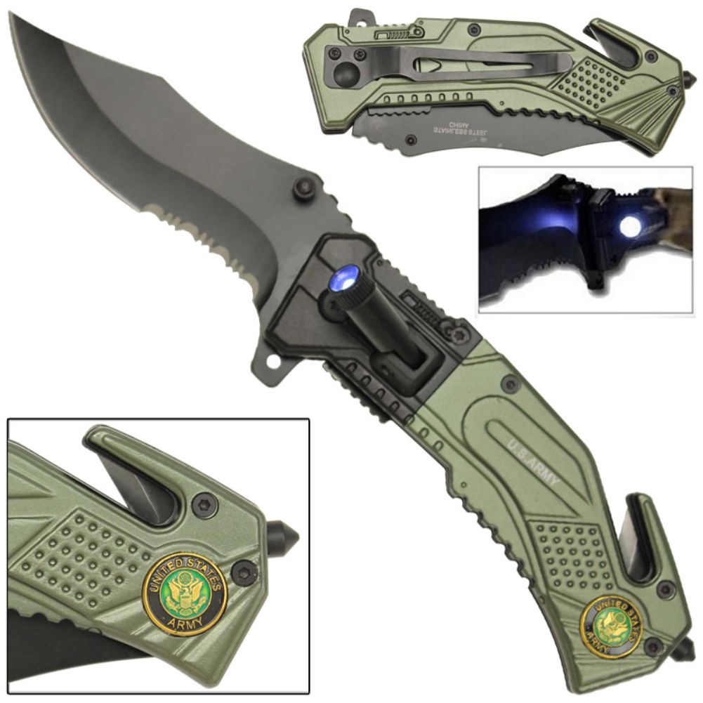 Spring Assist LED Tactical Rescue Knife US Army