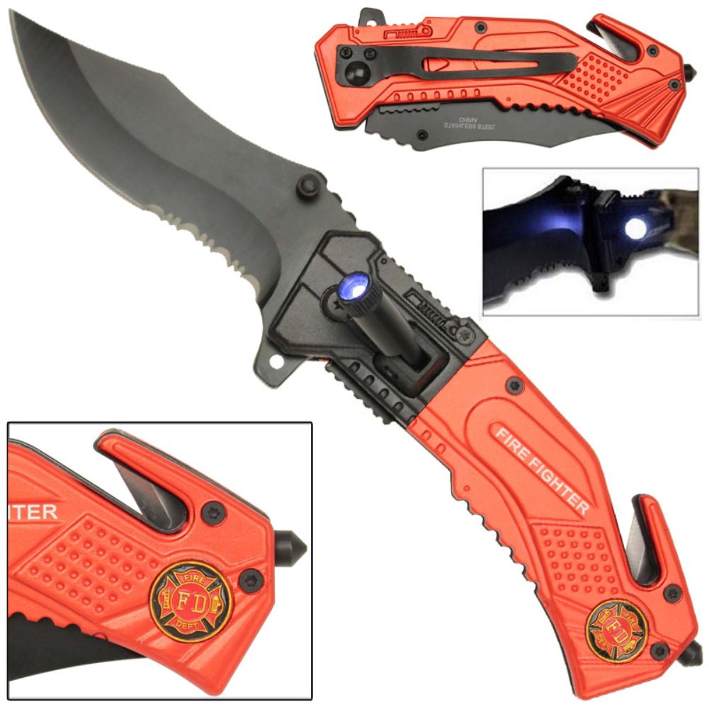 Spring Assist LED Tactical Rescue Knife Firefighter