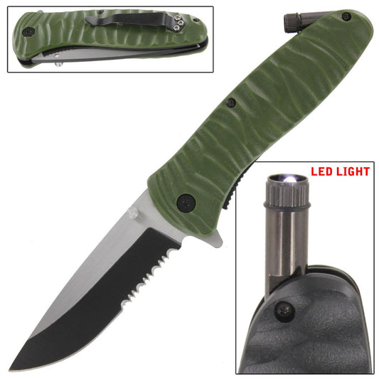 Emergency Code Green Serrated Spring Assist Knife