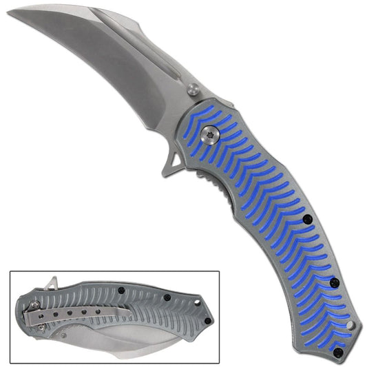 Spinal Tap Electric Blue Spring Assist Karambit Knife