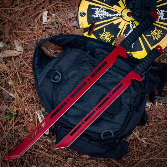 Blood Moon Full Tang DNinja Dual Wield Swords | Sharpened Tanto Straitblade Neon Red Cyberpunk Shinobi Lighteningcut Ninjato Set